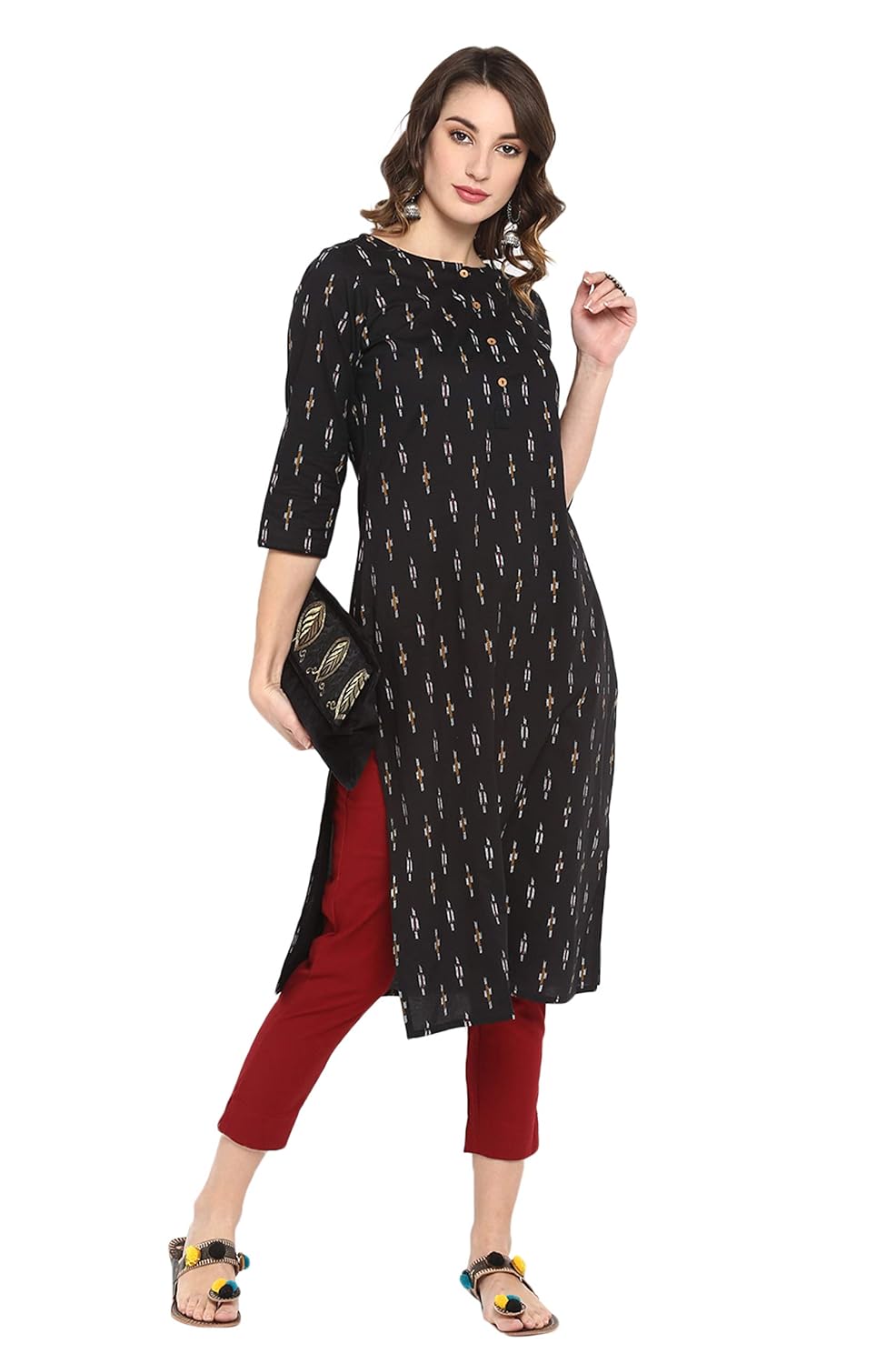 Janasya Women's Black Cotton Ikat Straight Kurta