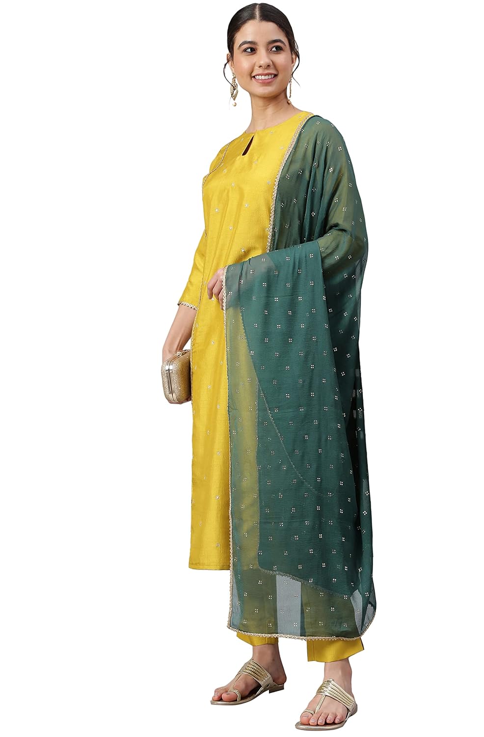 Janasya Women's Mustard Poly Silk Embellished Kurta with Pant and Dupatta