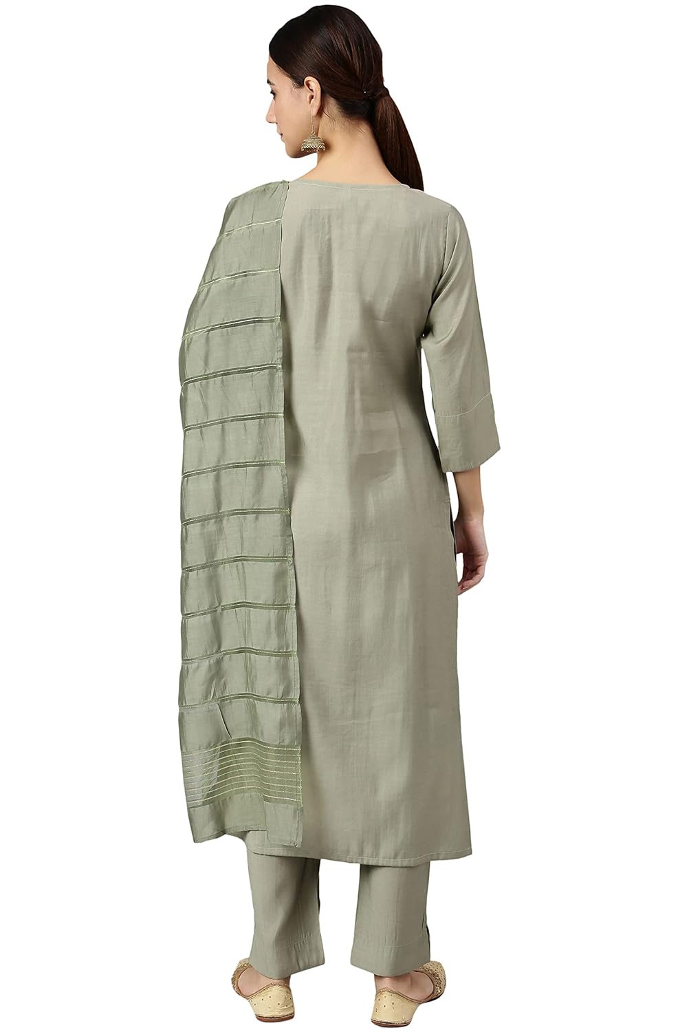 Janasya Women's Sage Green Viscose Blend Embroidered Kurta with Pant and Dupatta