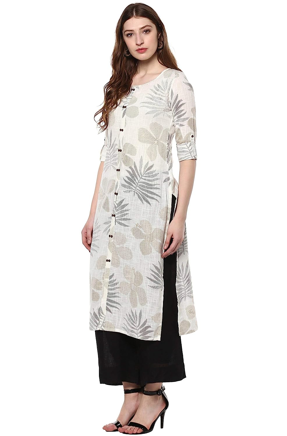 Janasya Women's Off White Cotton Foil Print Straight Kurta