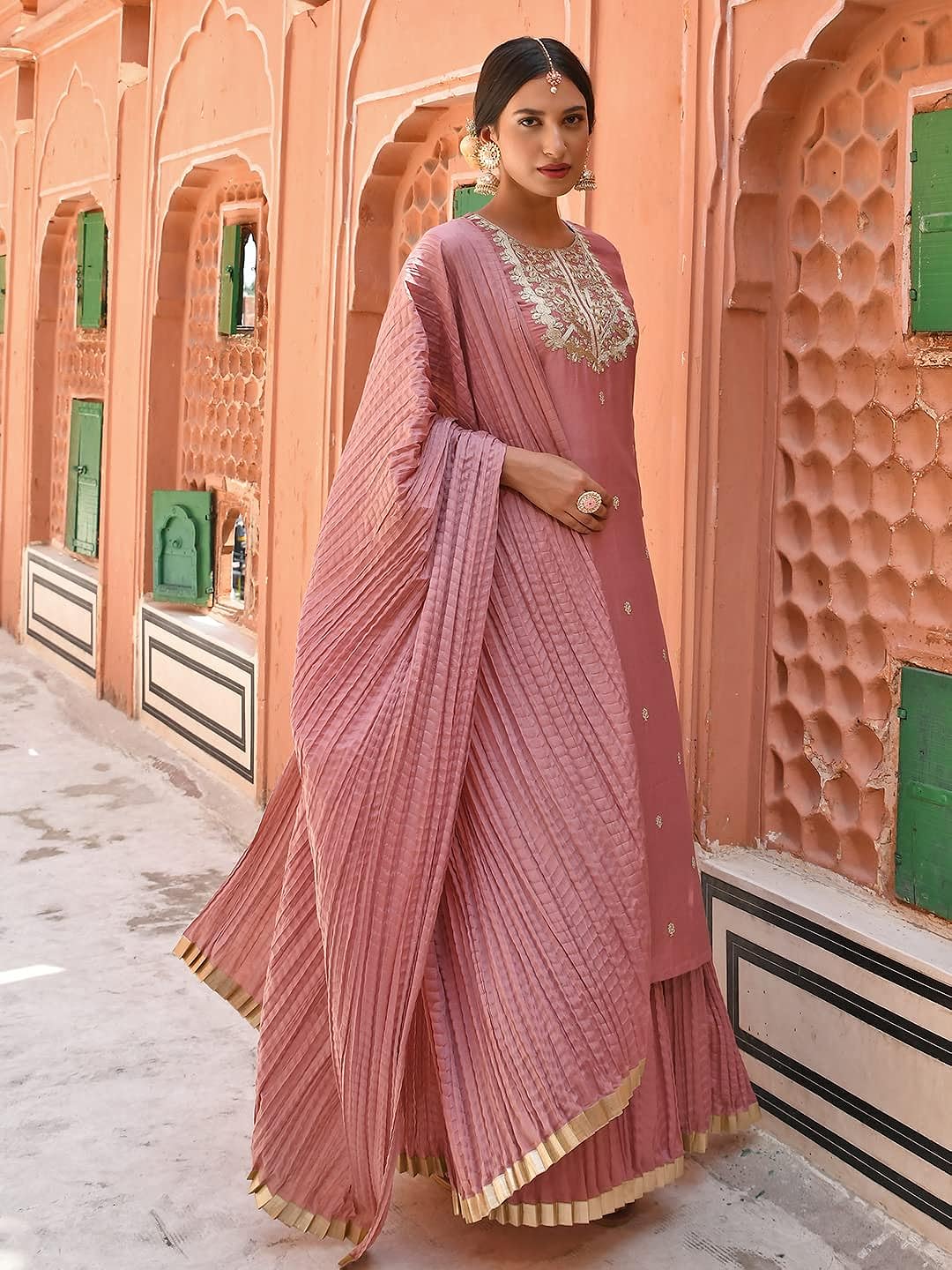 Janasya Women's Old Rose Chinon Embroidered Kurta with Skirt and Dupatta
