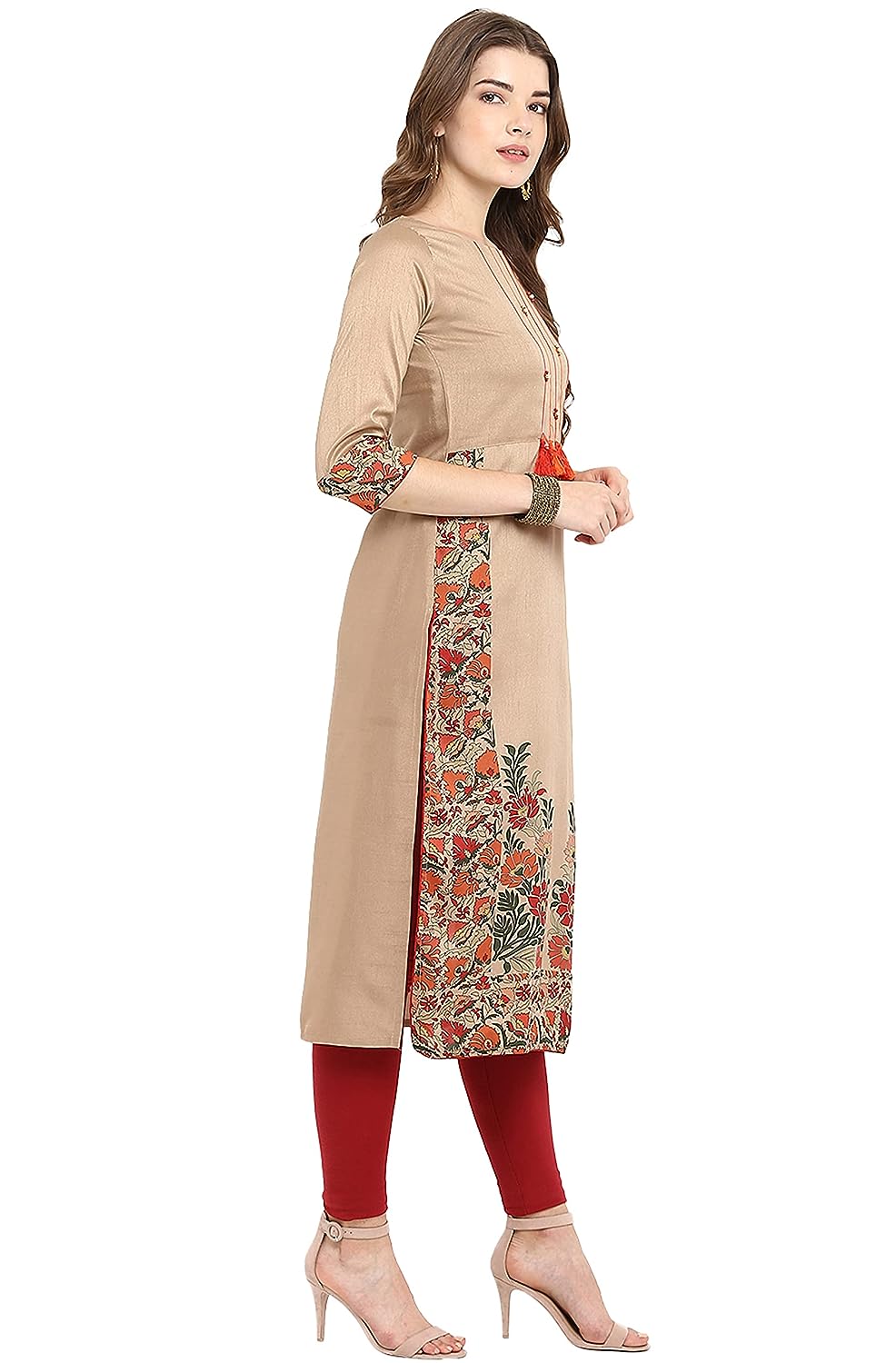 Janasya Women's Beige Poly Silk Floral Print Straight Kurta