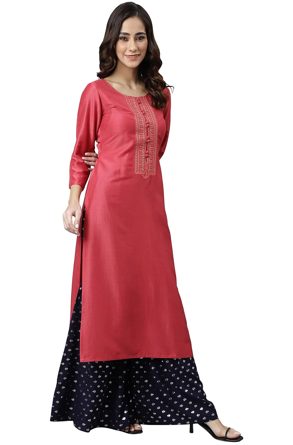 Janasya Women's Pink Poly Silk Embroidered Straight Kurta