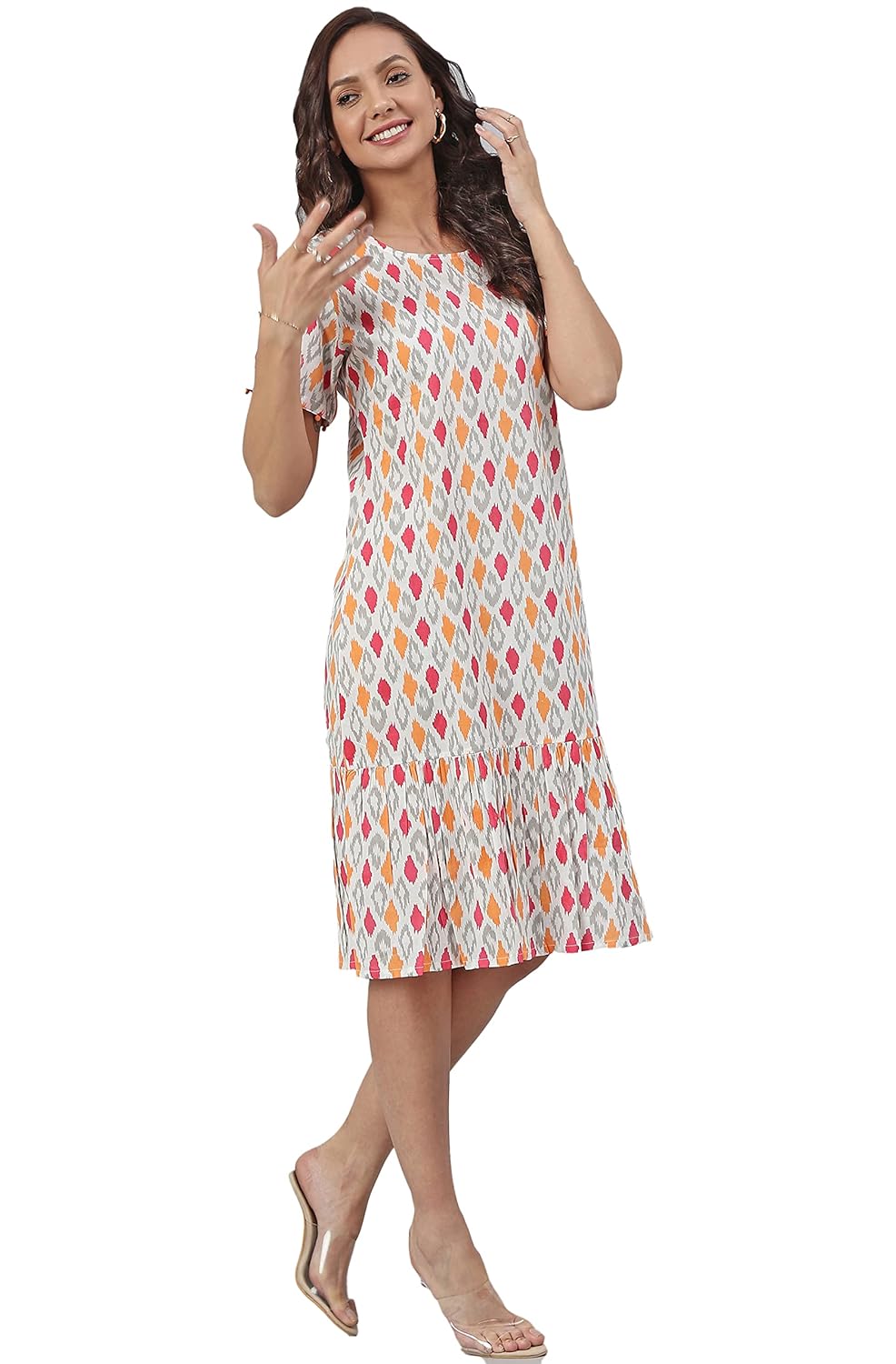 Janasya Women's Off White Cotton Printed Knee Length Dress