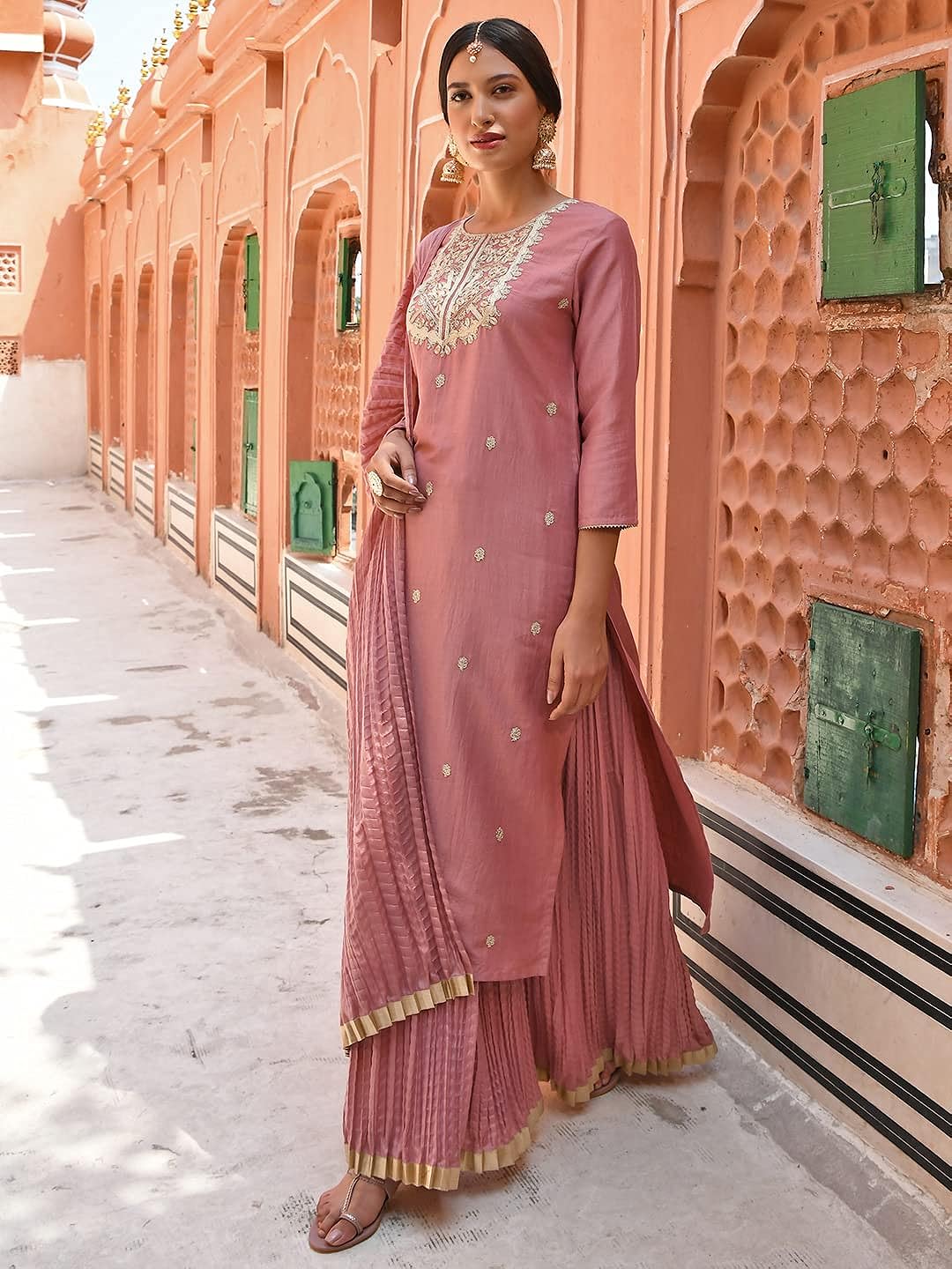Janasya Women's Old Rose Chinon Embroidered Kurta with Skirt and Dupatta