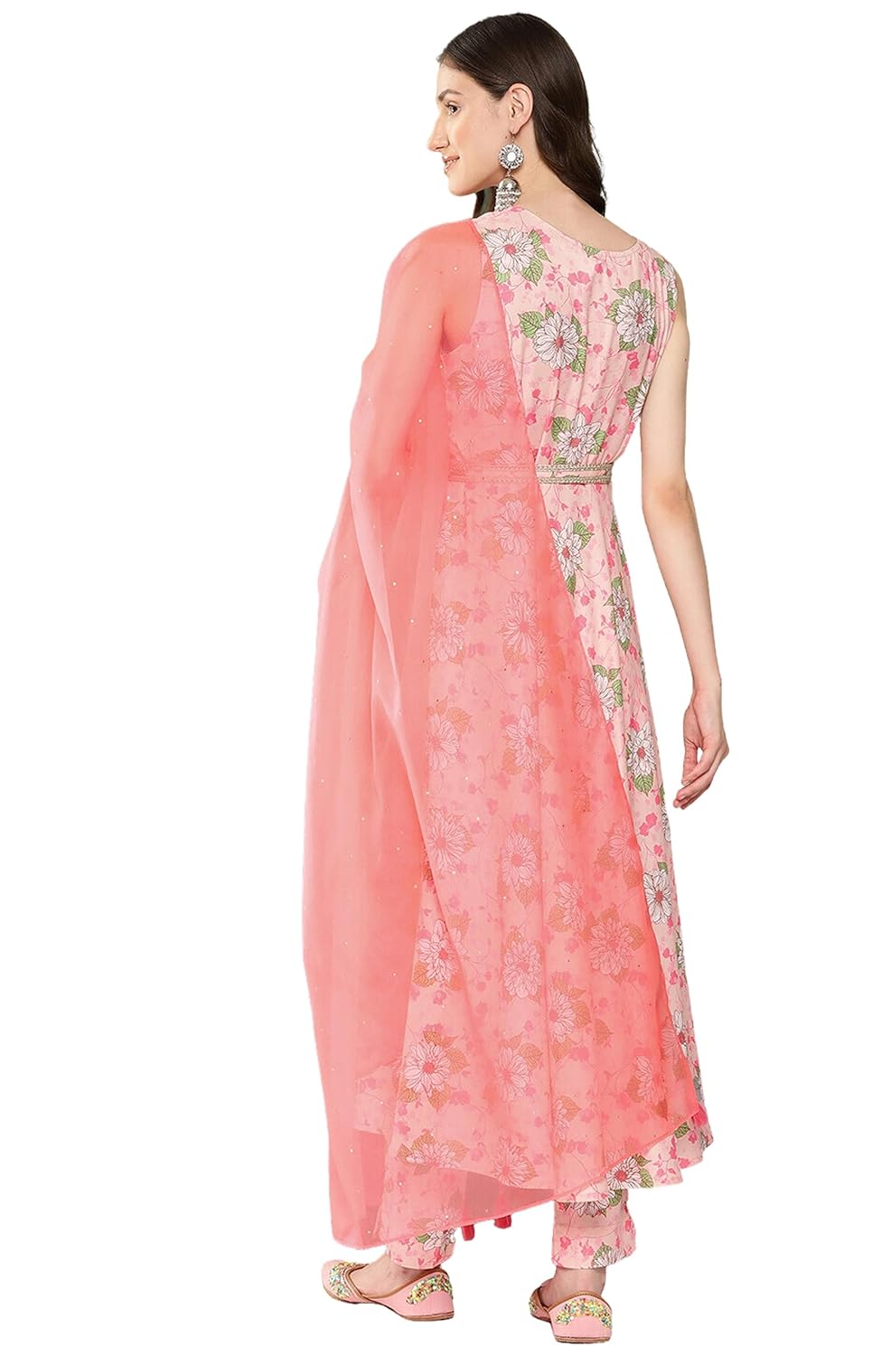 Janasya Women's Peach Moss Digital Floral Printed Kurta with Pant and Dupatta and Waist Tie-Up