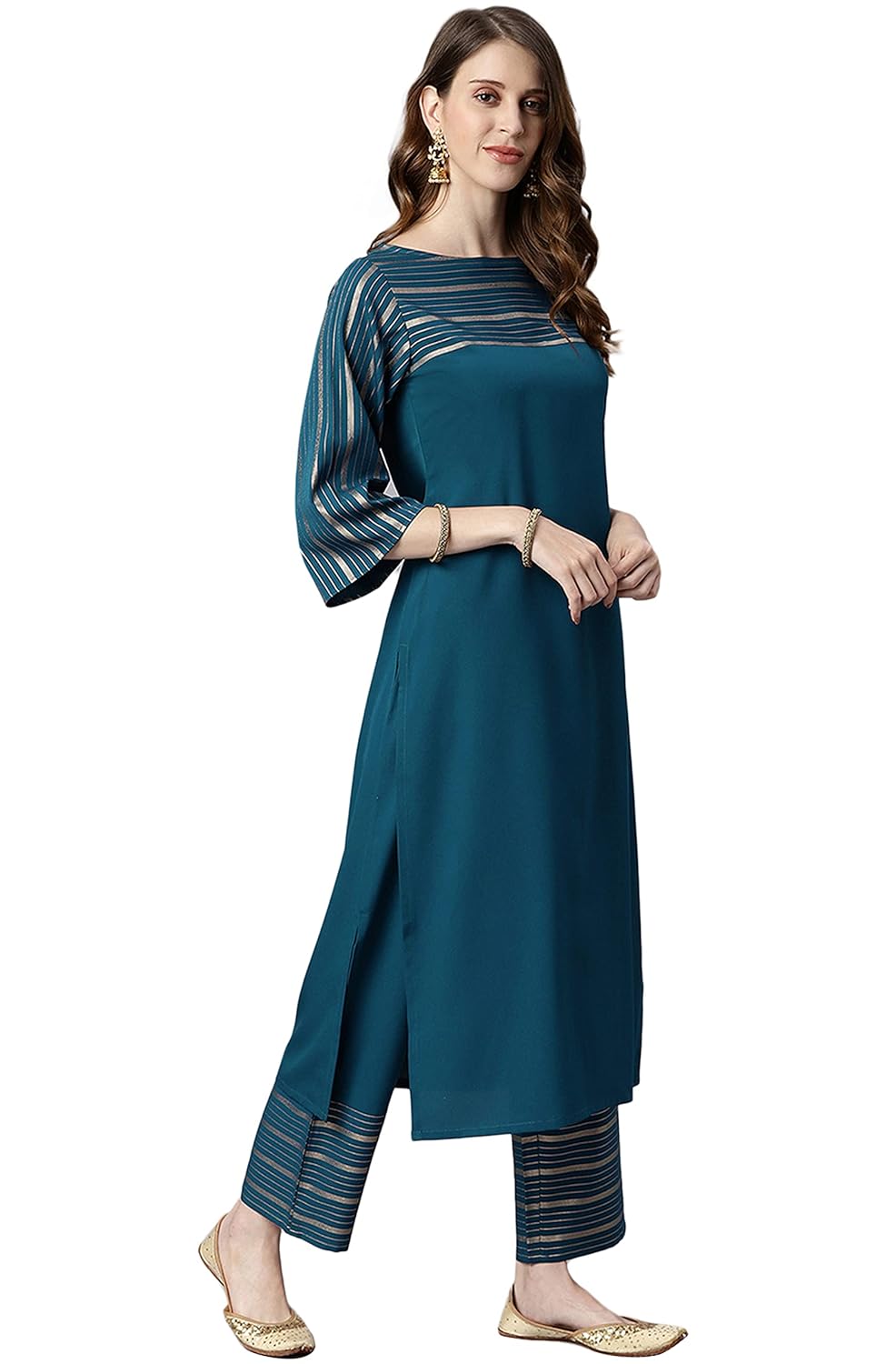 Janasya Women's Teal Poly Crepe Striped Kurta with Palazzo