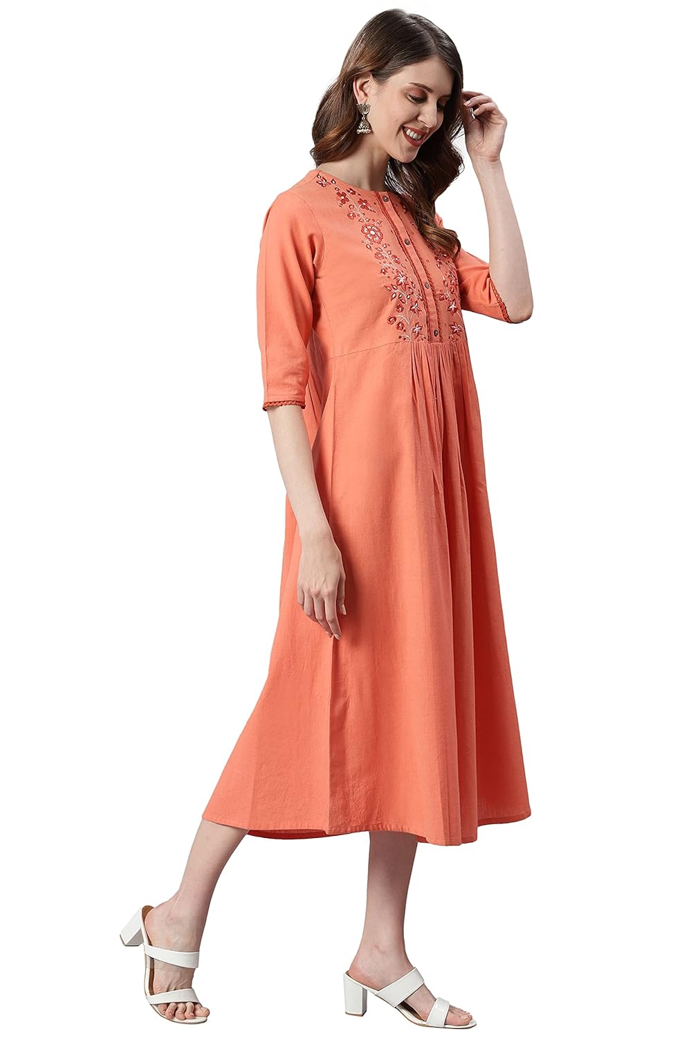 Janasya Women's Peach Cotton Flex Midi Dress