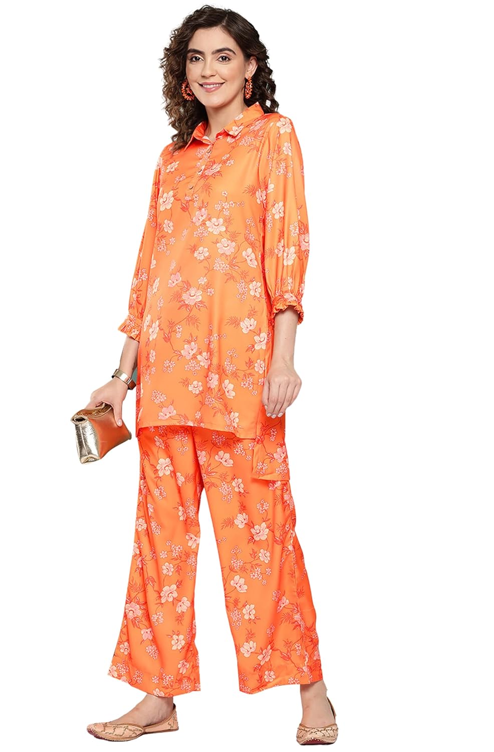Janasya Women's Orange Moss Digital Floral Printed Co-ords Set