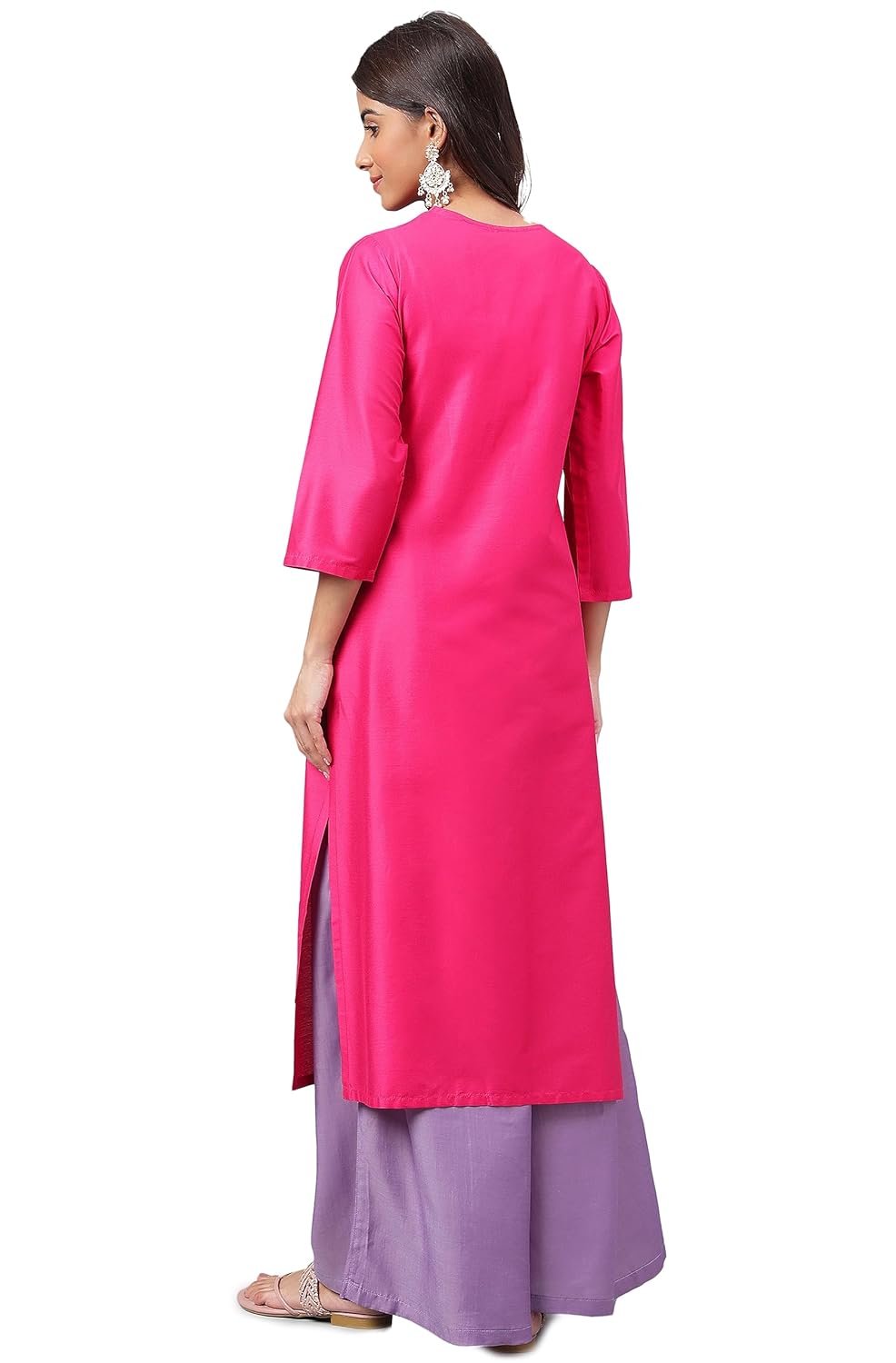 Janasya Women's Pink Poly Silk Yoke Embroidered Straight Kurta