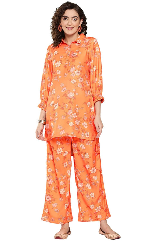Janasya Women's Orange Moss Digital Floral Printed Co-ords Set
