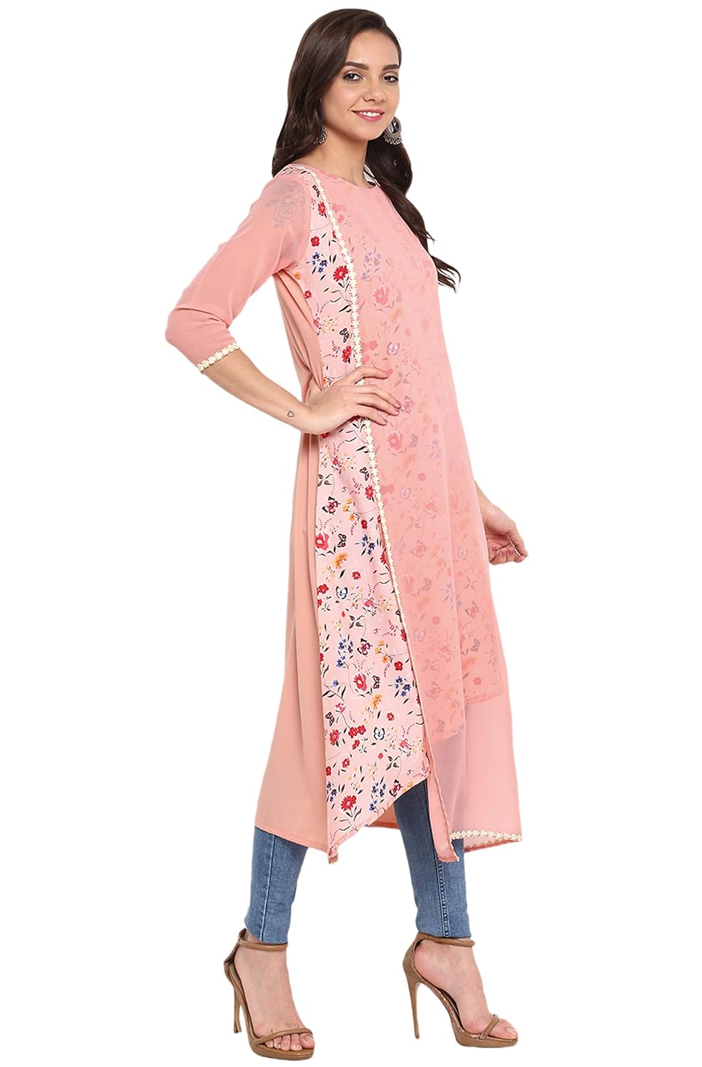 Janasya Women's Pink Poly Crepe A-line Layered Kurta