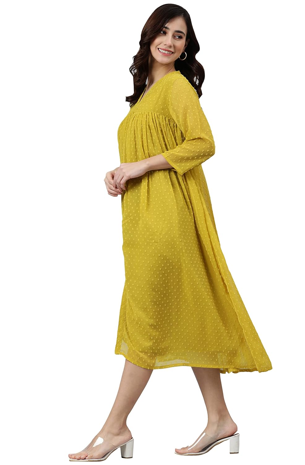 Janasya Women's Mustard Poly Chiffon Self Design Frontslit Dress