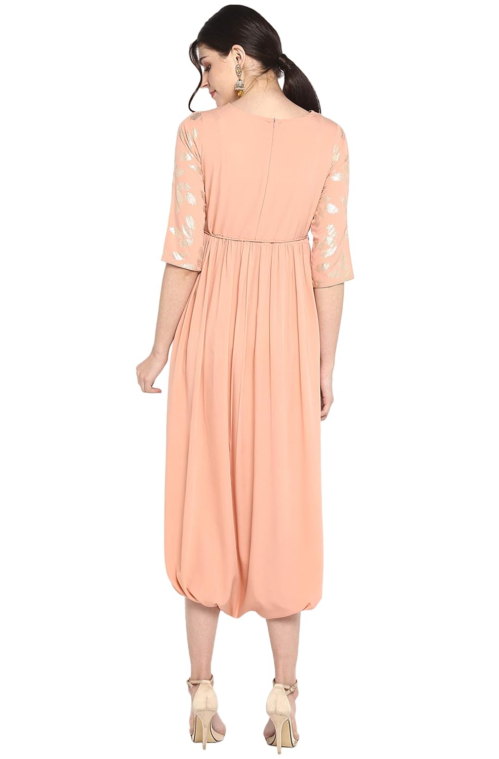 Janasya Women's Peach Poly Crepe Dhoti Style Kurta
