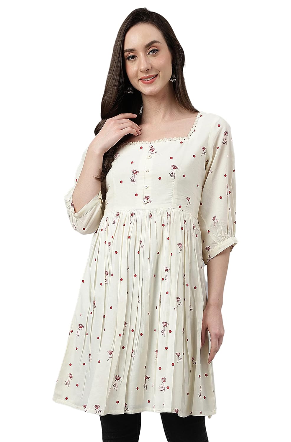 Janasya Women's Off White Cambric Cotton Botanical Print Flared Tunic