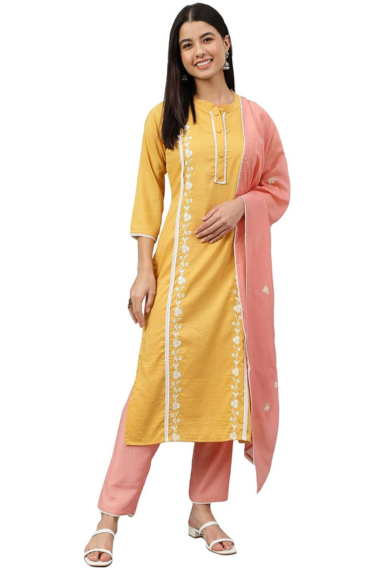Janasya Women's Mustard Poly Silk Floral Embroidery Kurta with Pant and Dupatta