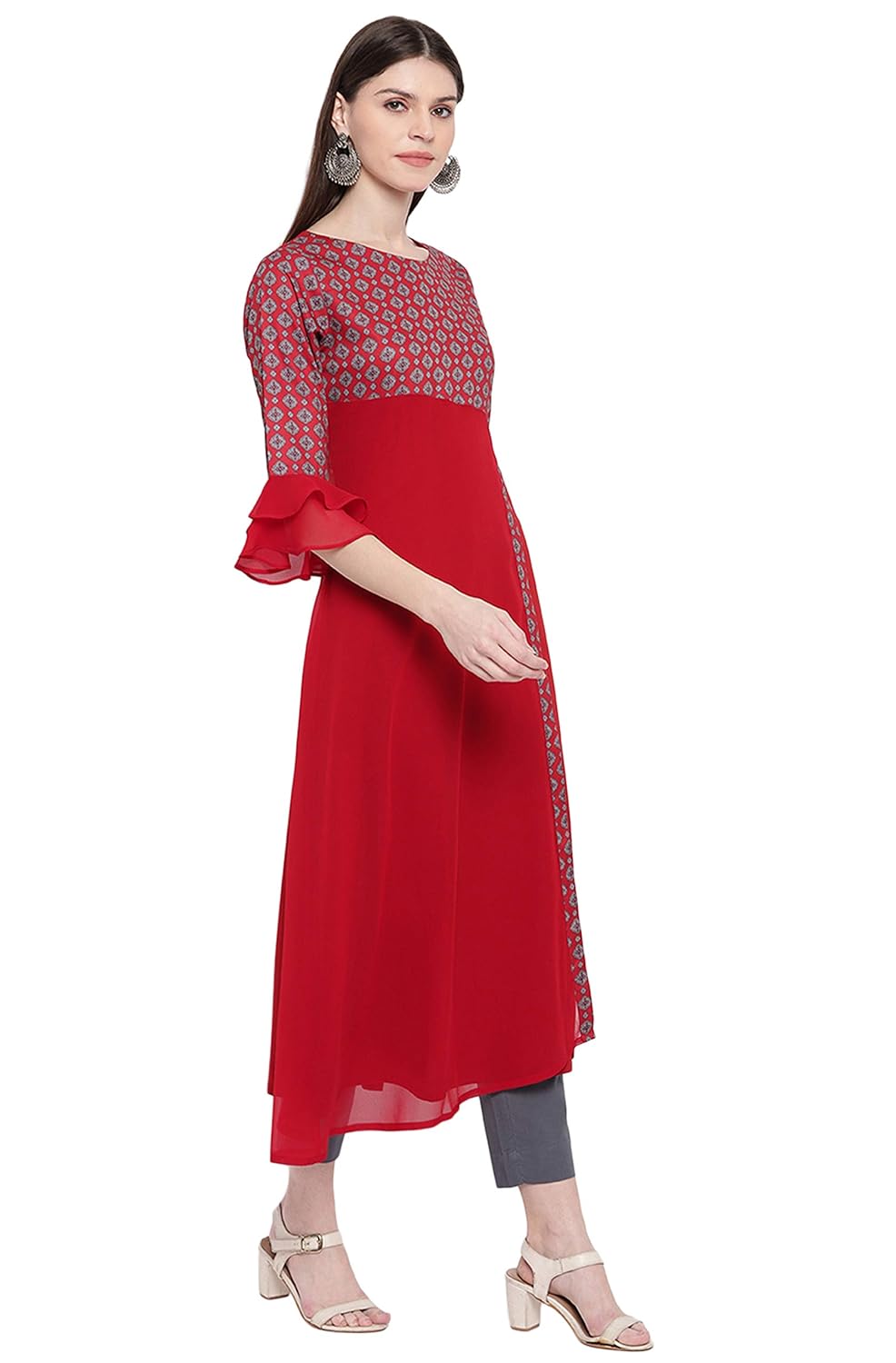 Janasya Women's Light Green Poly Crepe Floral Print A-line Kurta