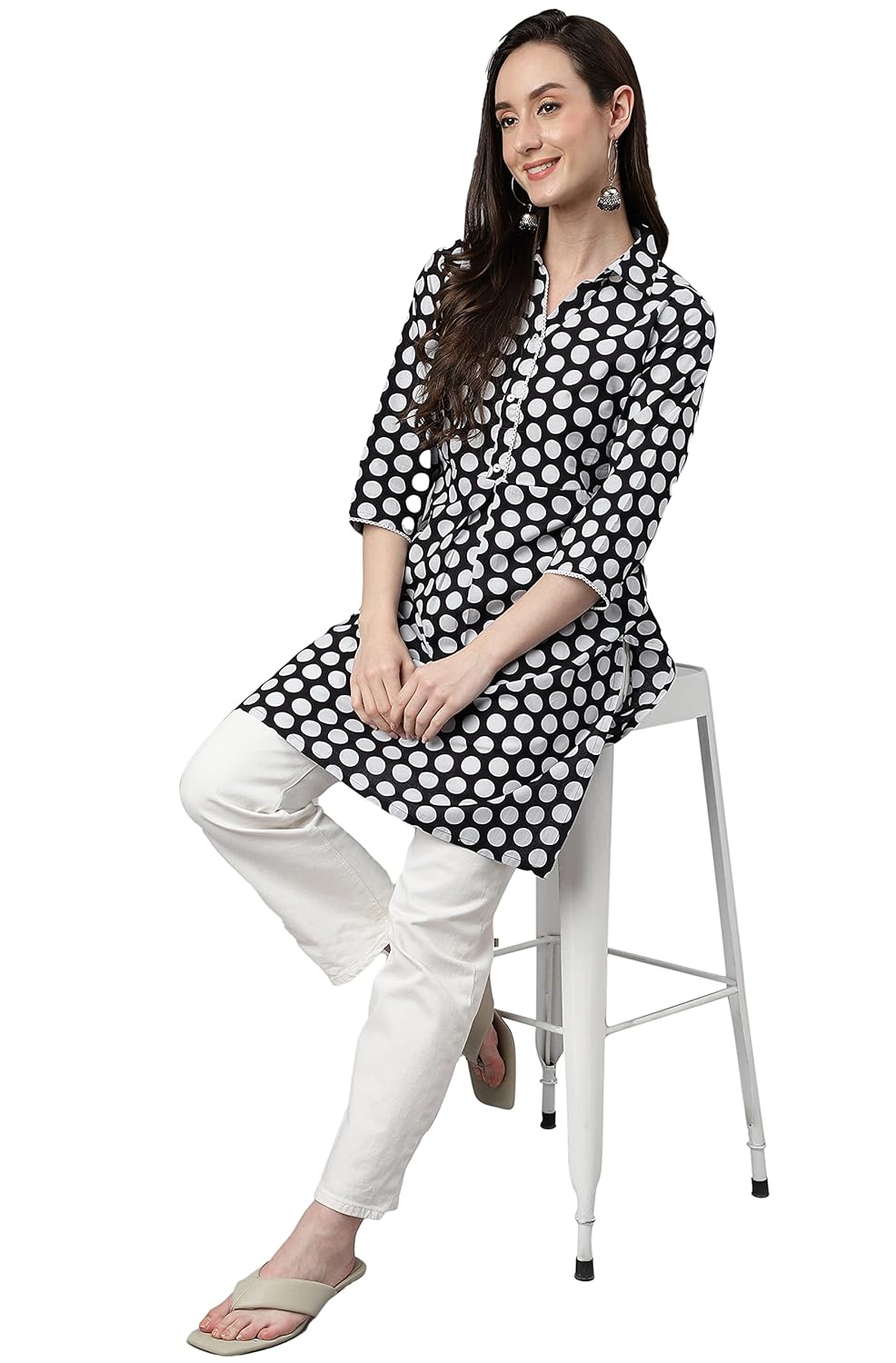 Janasya Women's Black Cotton Polka Print A-Line Tunic