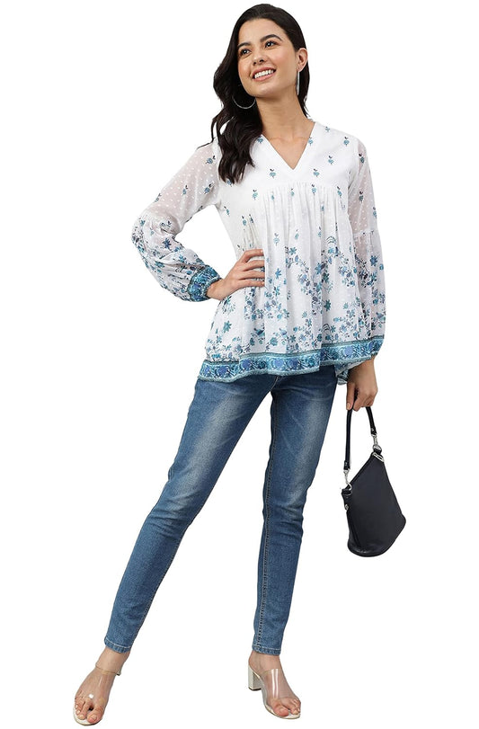 Janasya Women's White Georgette Digital Print Flared Top