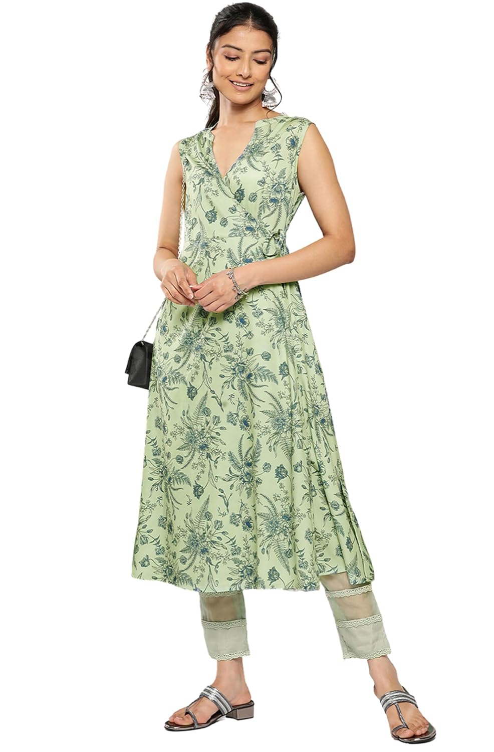 Janasya Women's Light Green Crepe Digital Printed Angrakha Kurta