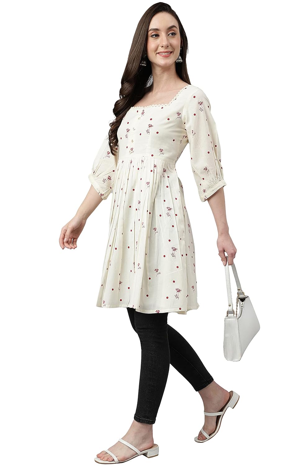 Janasya Women's Off White Cambric Cotton Botanical Print Flared Tunic
