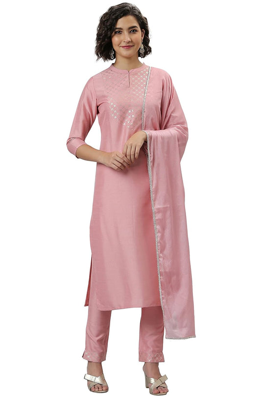 Janasya Women's Pink Poly Silk Floral Print Kurta with Pant and Dupatta