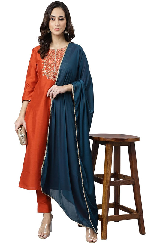 Janasya Women's Rust Orange Poly Silk Solid Kurta with Pant and Dupatta