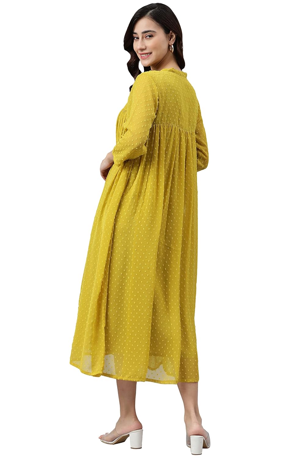 Janasya Women's Mustard Poly Chiffon Self Design Frontslit Dress