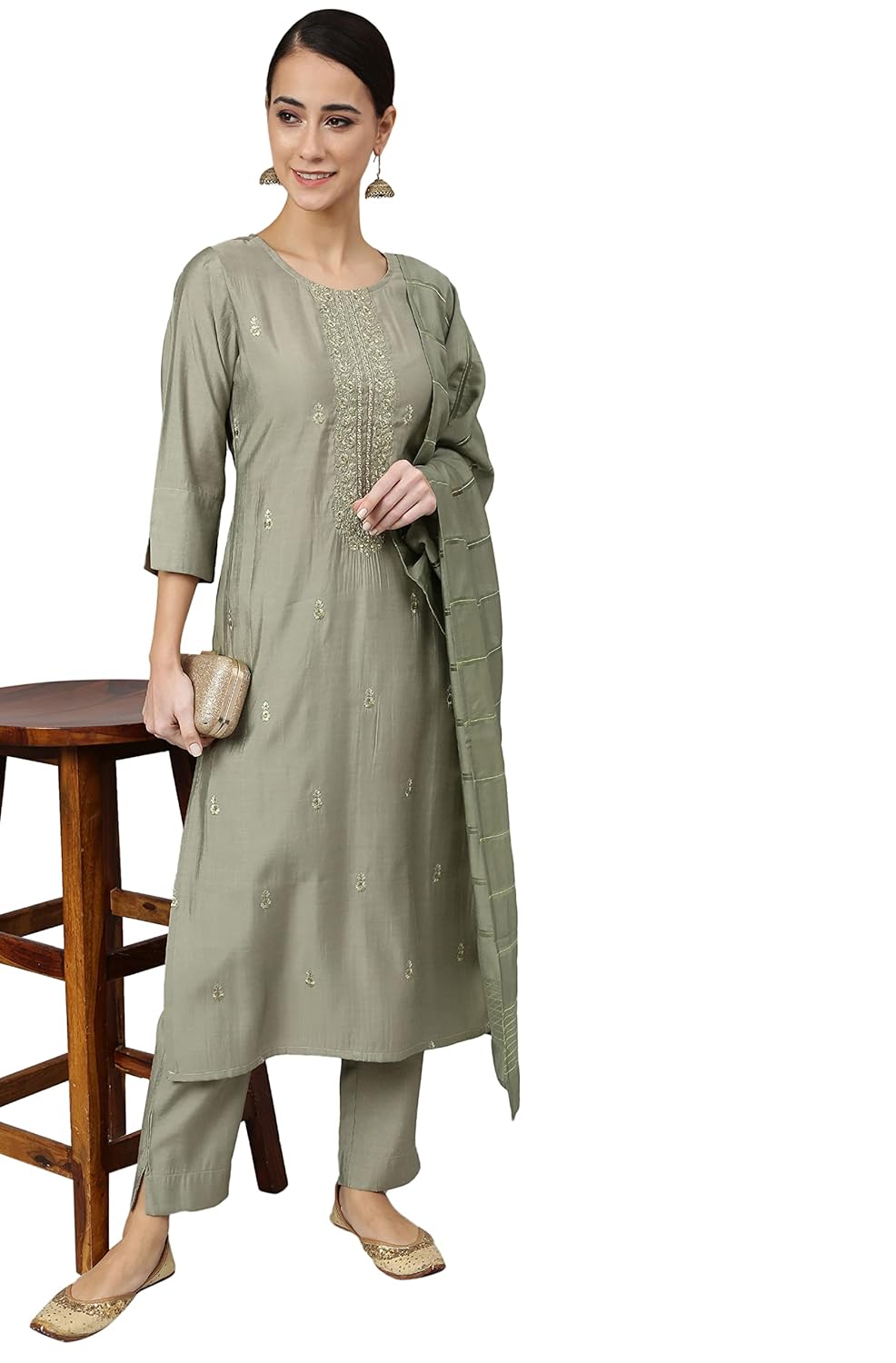 Janasya Women's Sage Green Viscose Blend Embroidered Kurta with Pant and Dupatta
