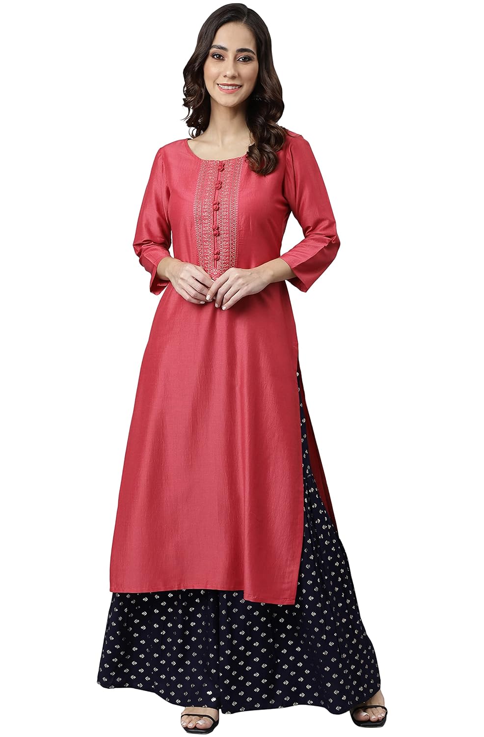 Janasya Women's Pink Poly Silk Embroidered Straight Kurta