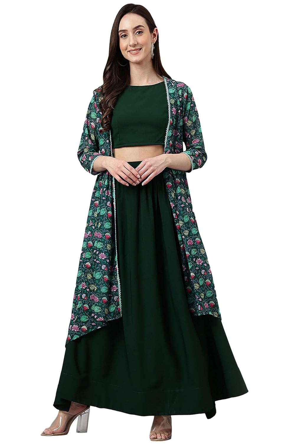 Janasya Women's Green Crepe Solid Crop Top with Skirt and Jacket