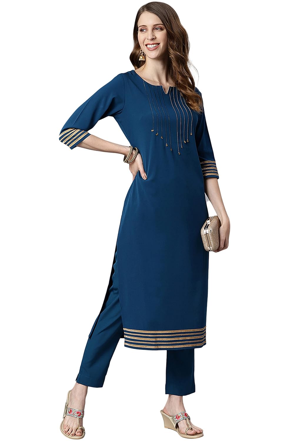 Janasya Women's Teal Poly Crepe Kurta with Pant