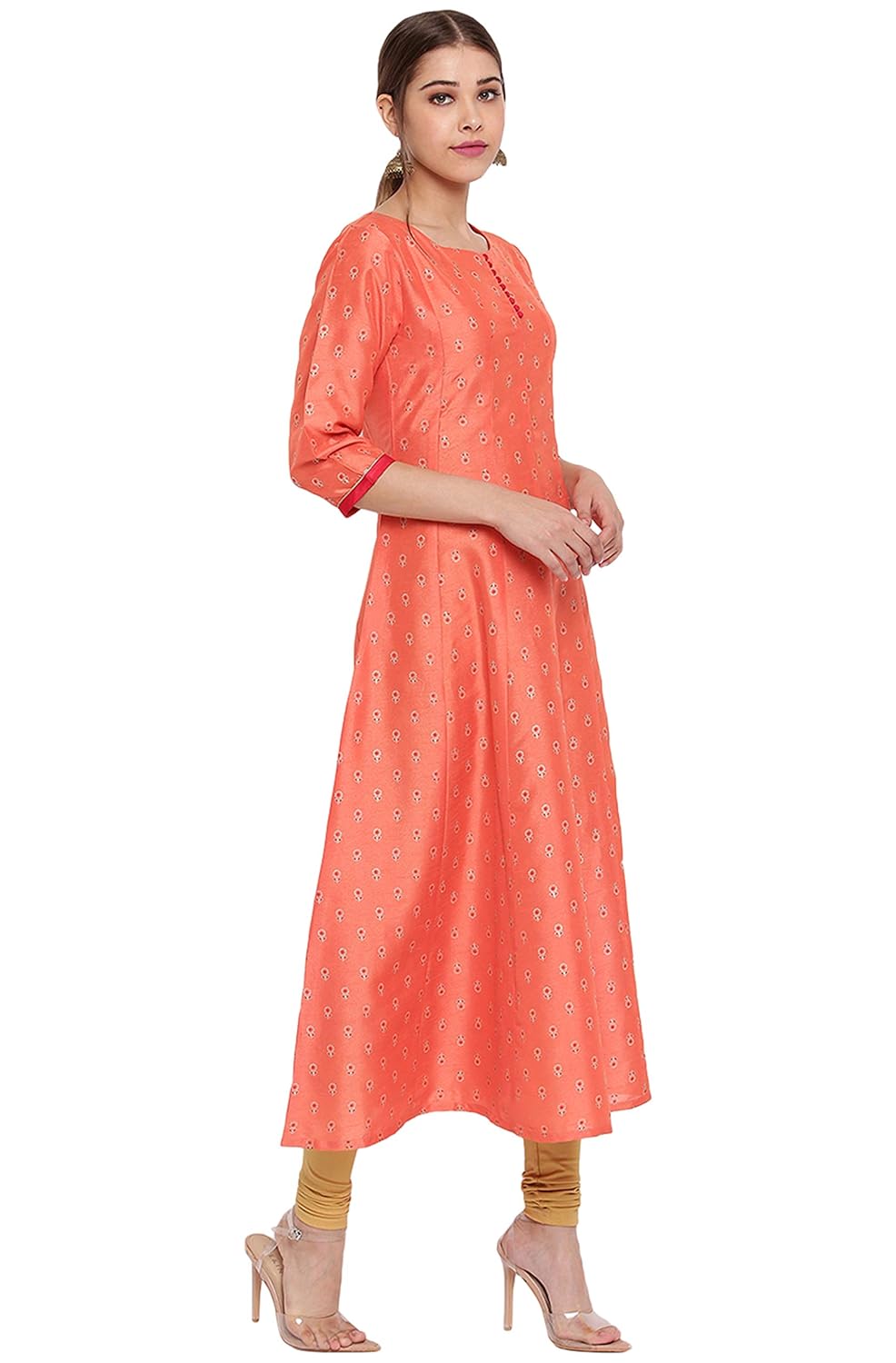 Janasya Women's Mehendi Green Crepe Foil Print Angrakha Kurta