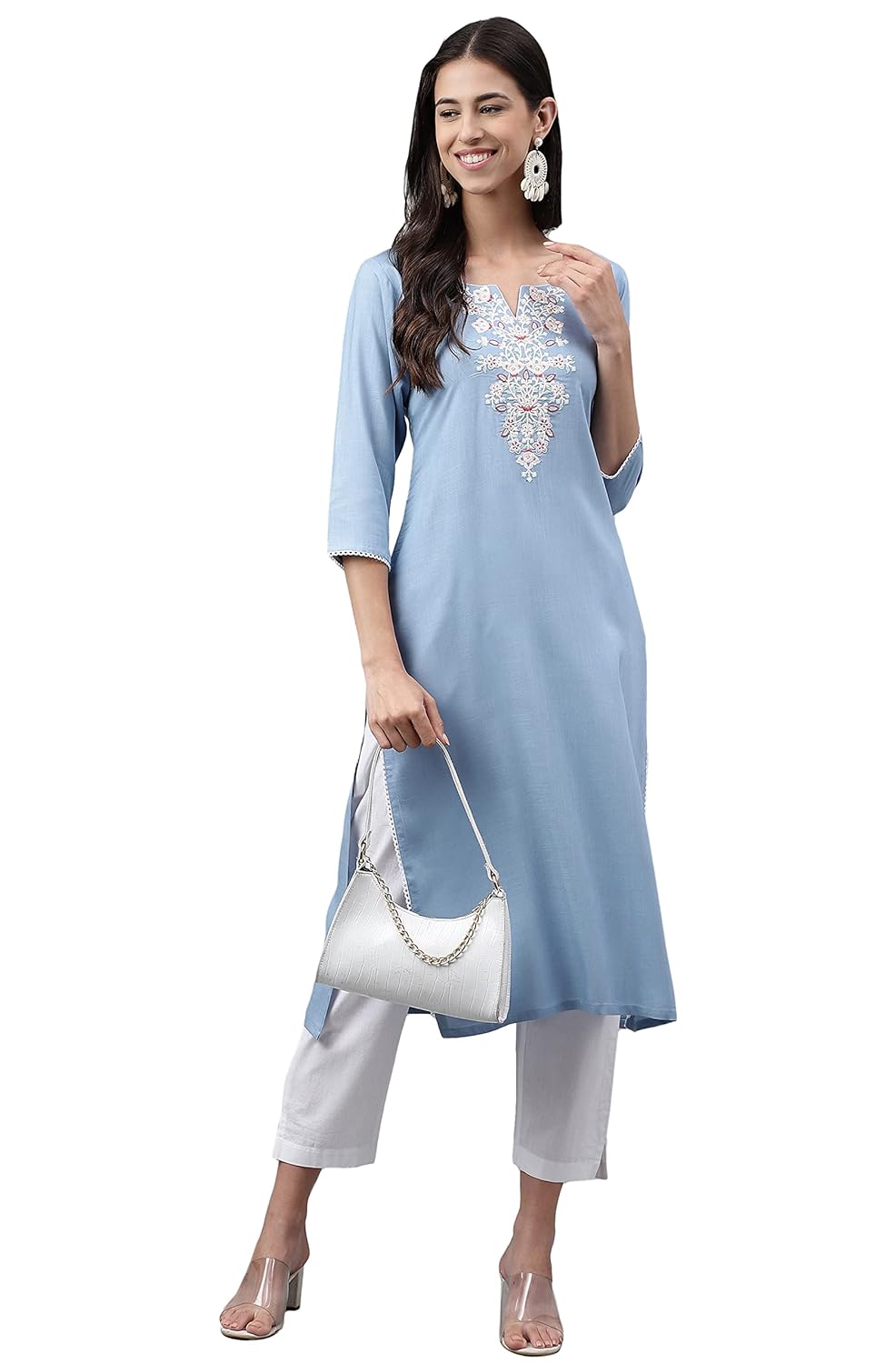 Janasya Women's Light Blue Rayon Solid Straight Kurta