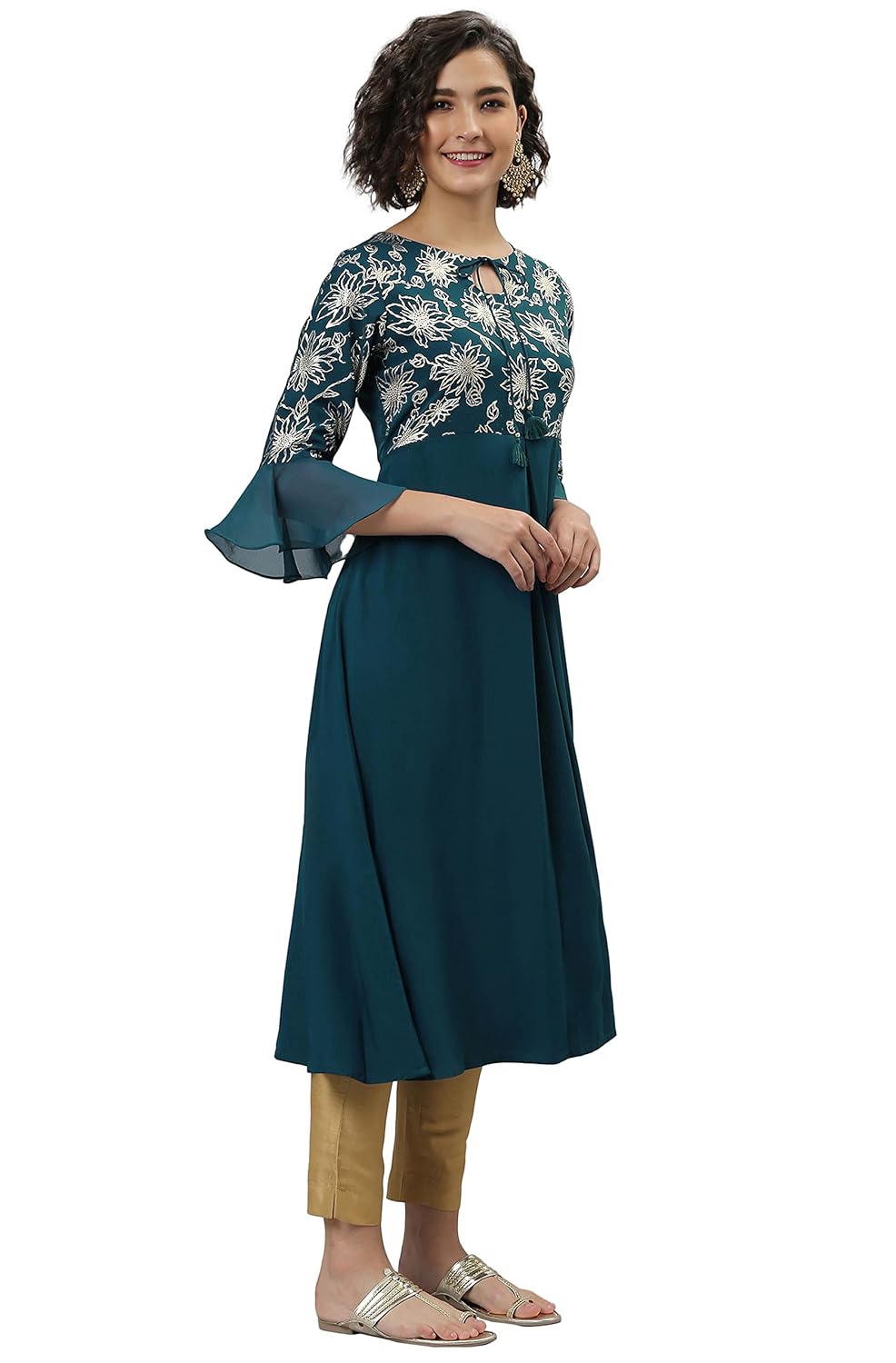 Janasya Women's Teal Ethnic Motifs Crepe Kurta