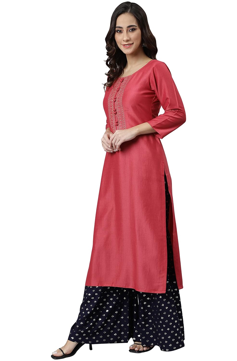 Janasya Women's Pink Poly Silk Embroidered Straight Kurta