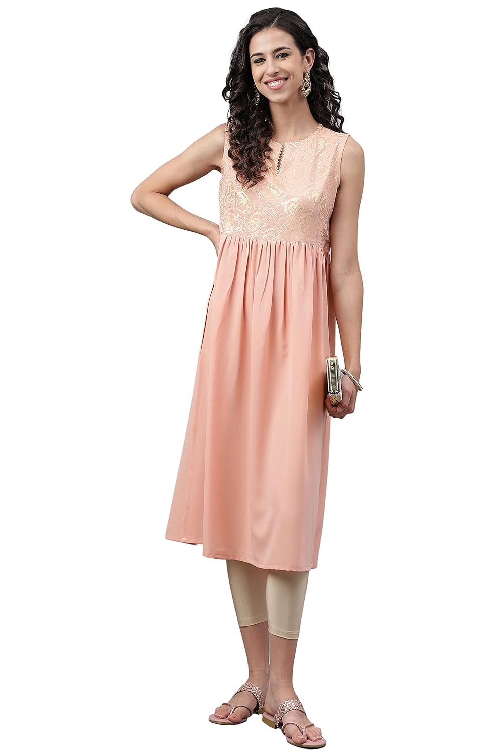 Janasya Women's Peach Crepe Foil Printed Gathered Kurta