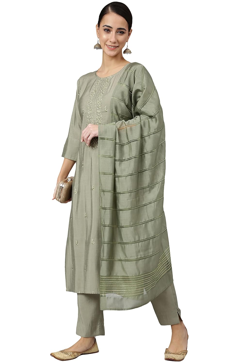 Janasya Women's Sage Green Viscose Blend Embroidered Kurta with Pant and Dupatta