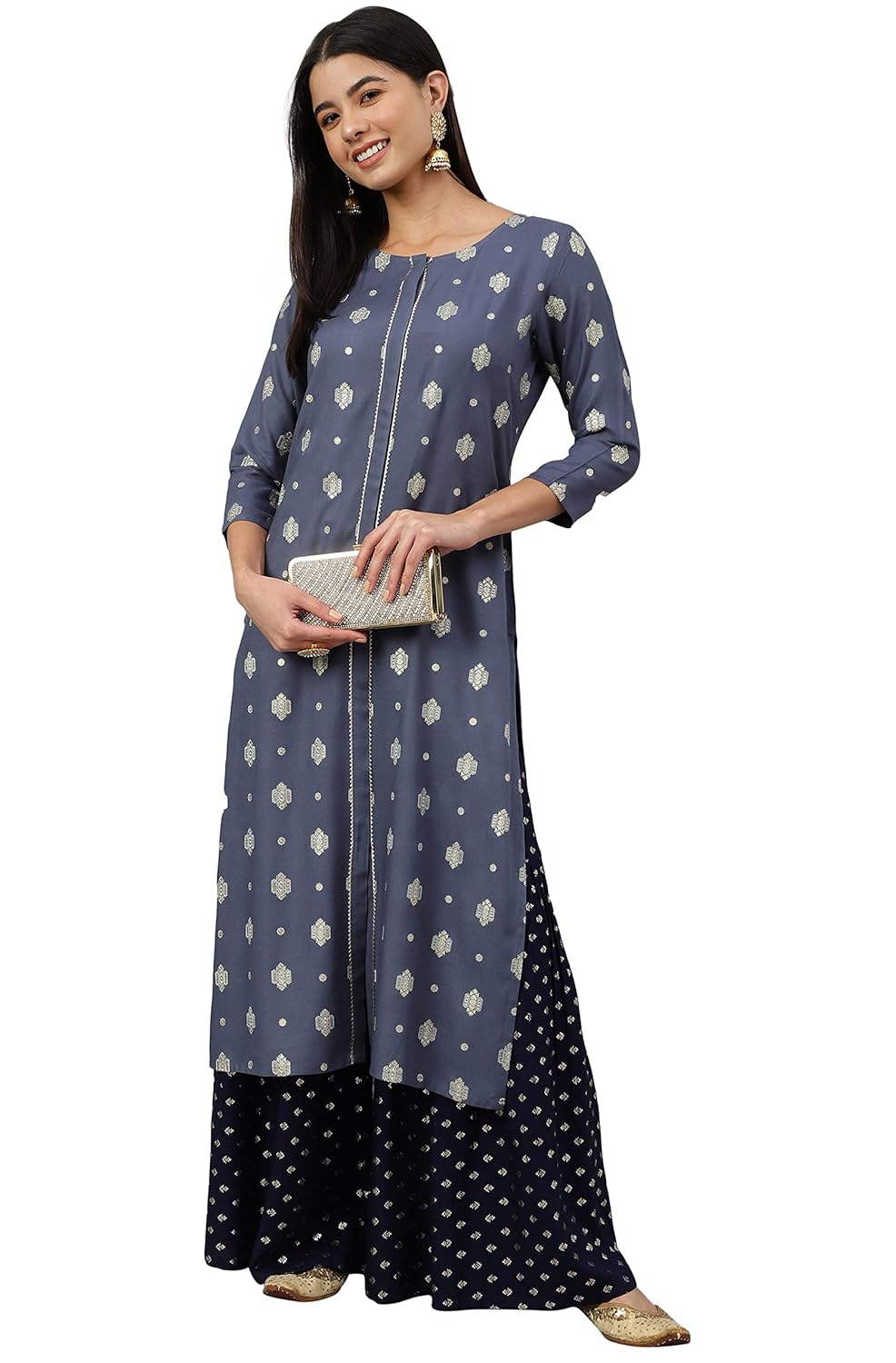 Janasya Women's Grey Rayon Ethnic Motifs Straight Kurta