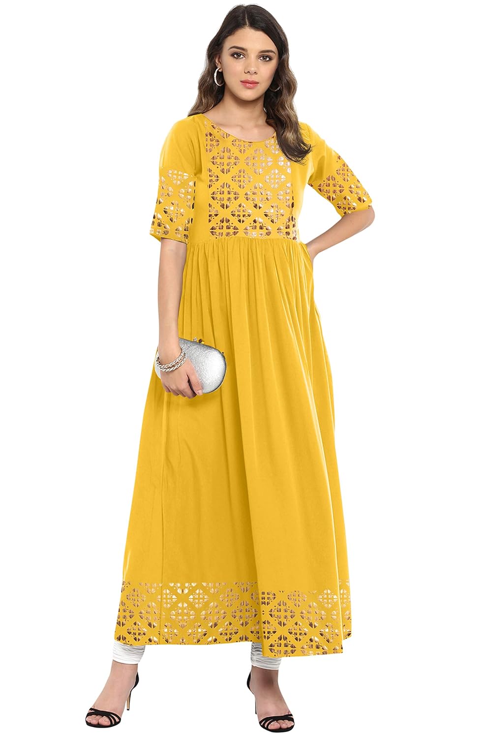 Janasya Women's Poly Crepe Gold Print Flared Kurta Mustard Yellow
