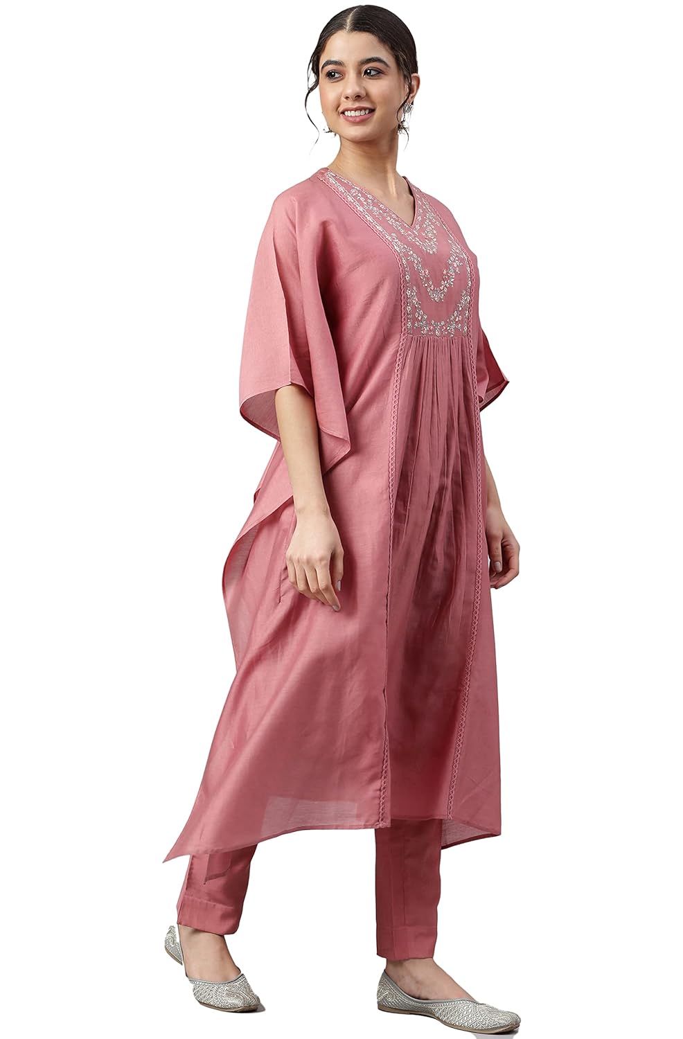 Janasya Women's Pink Polyester Yoke Embroidered Kurta with Pant