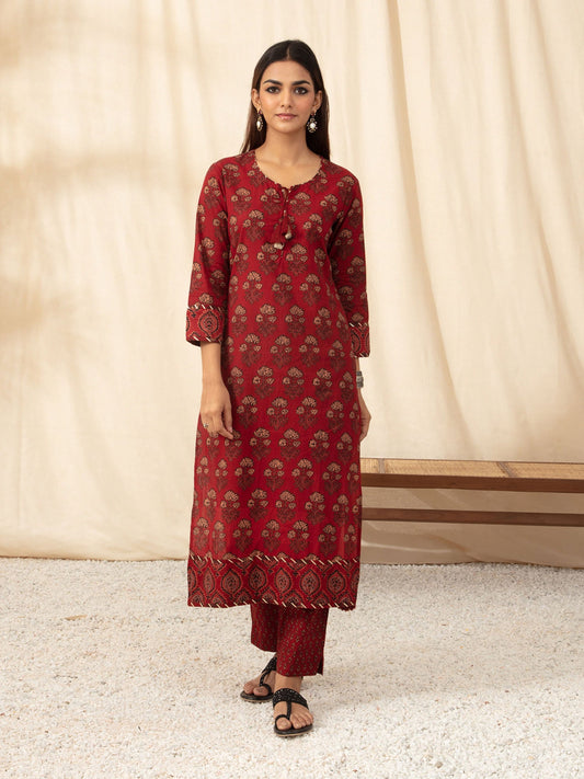 Likha Maroon Bagru Printed Co-ord Set LIKSKD77 (Set of 2) - M