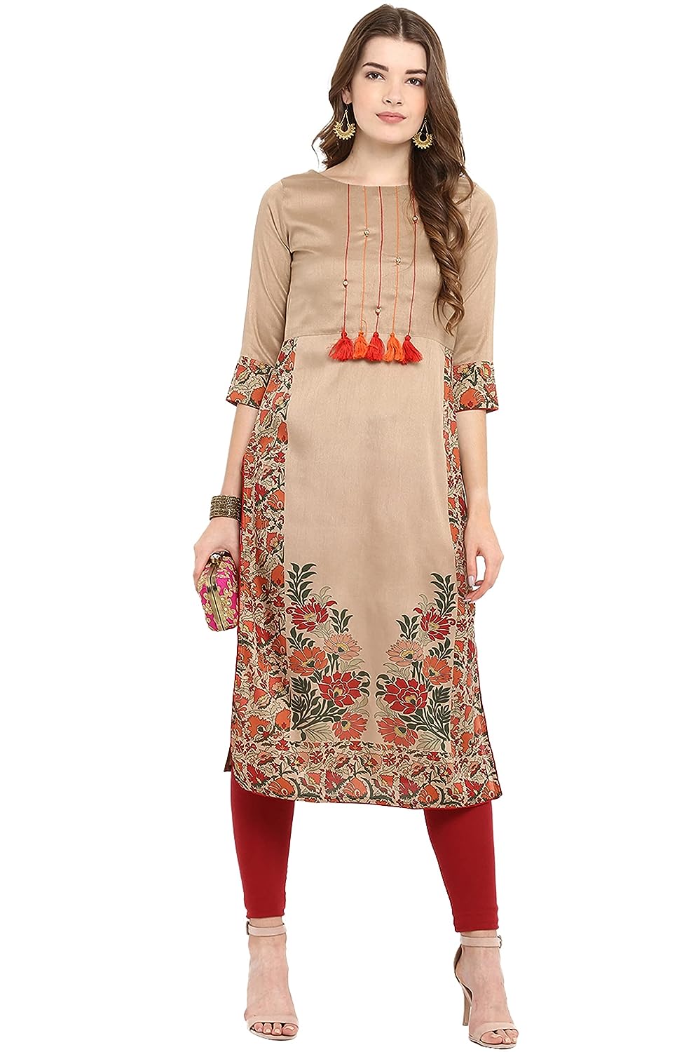 Janasya Women's Beige Poly Silk Floral Print Straight Kurta