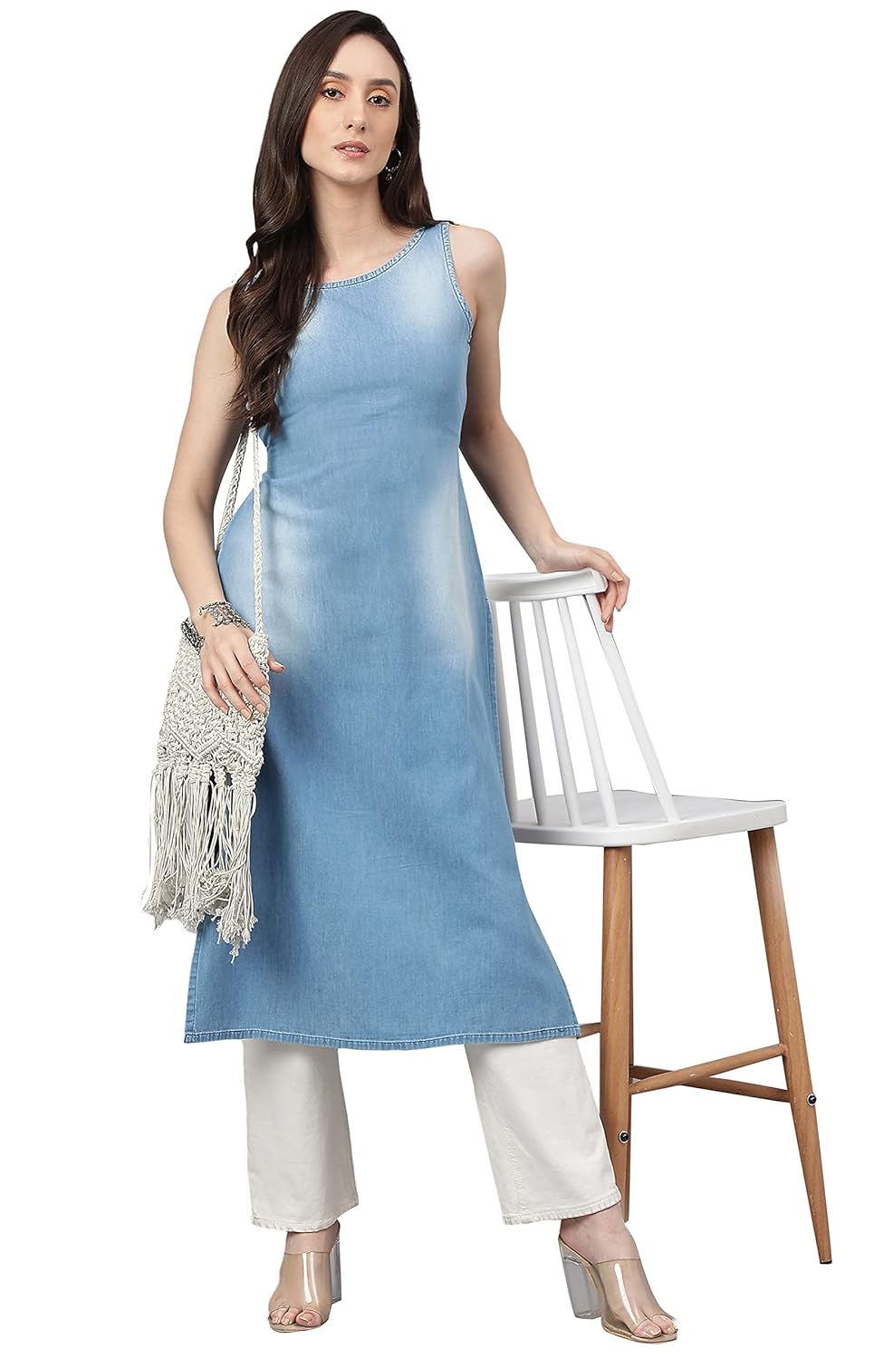 Janasya Women's Light Blue Denim Solid Straight Kurta
