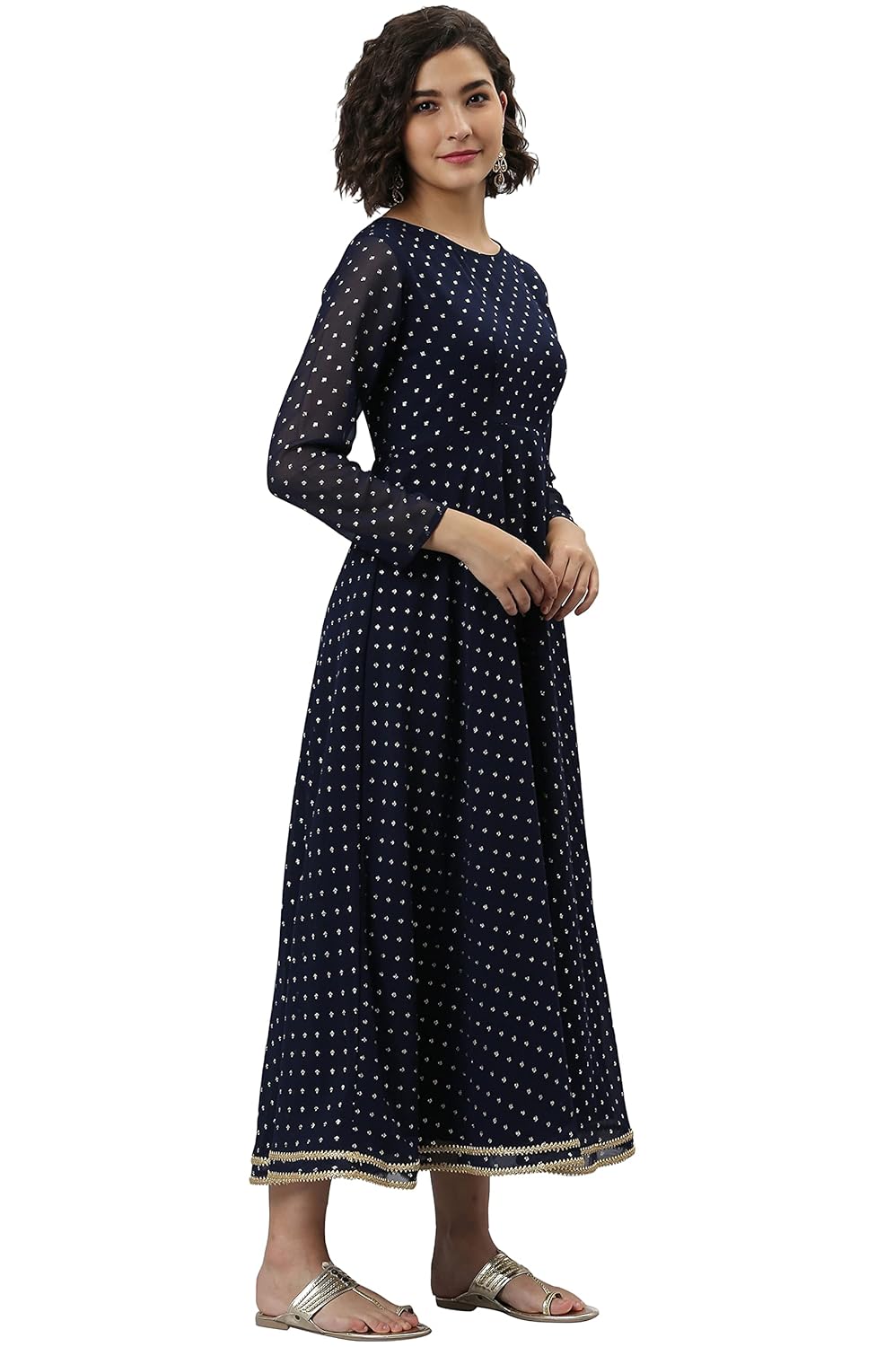 Janasya Women's Navy Blue Poly Georgette Kurta with Dupatta