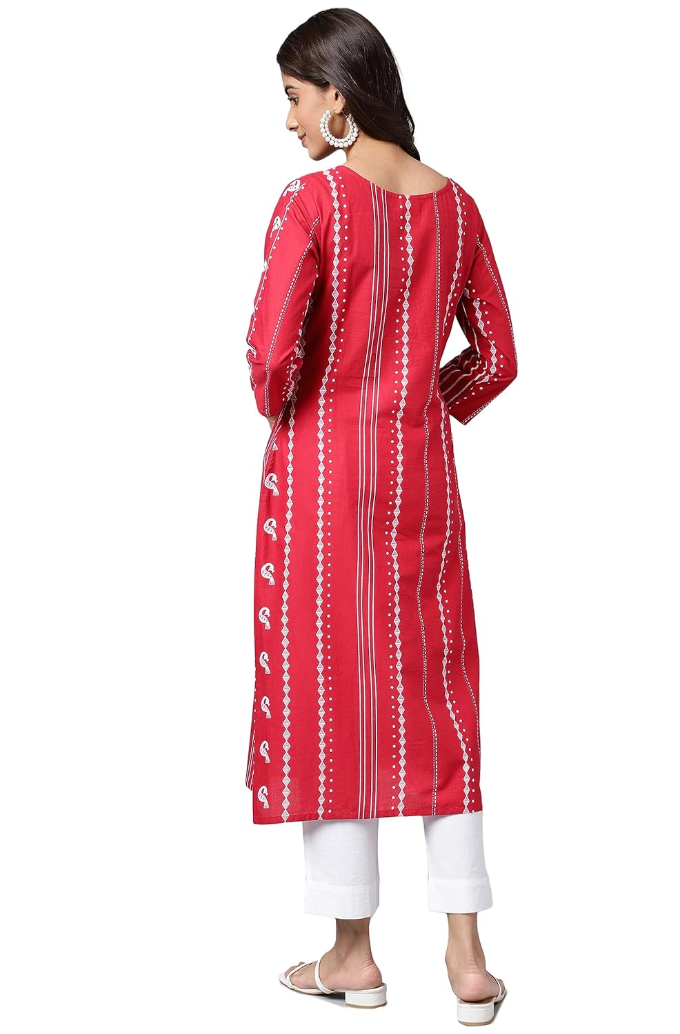 Janasya Women's Red Cotton Ethnic Motif Printed Straight Kurta