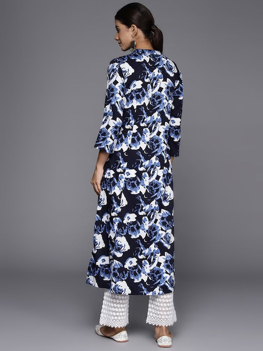 Varanga Floral Printed Mandarin Collar Crepe Kurta