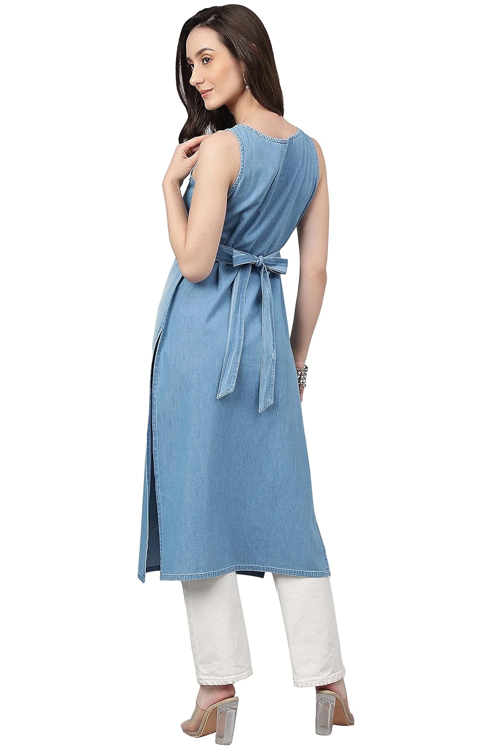 Janasya Women's Light Blue Denim Solid Straight Kurta