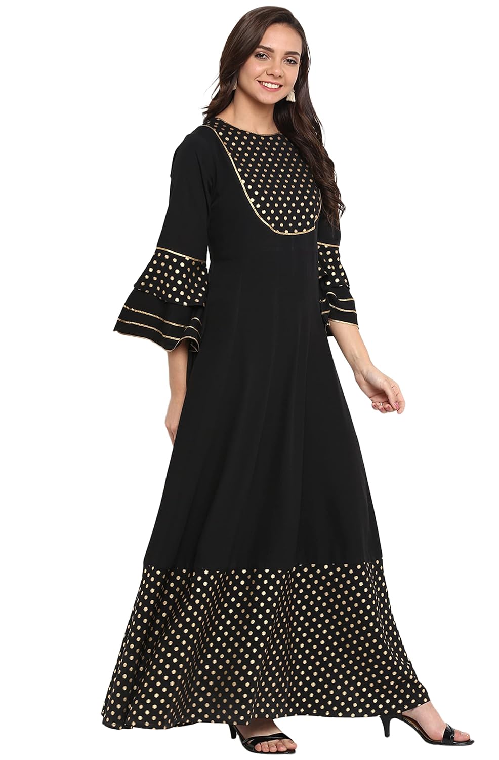 Janasya Women's Black Poly Crepe Anarkali Kurta