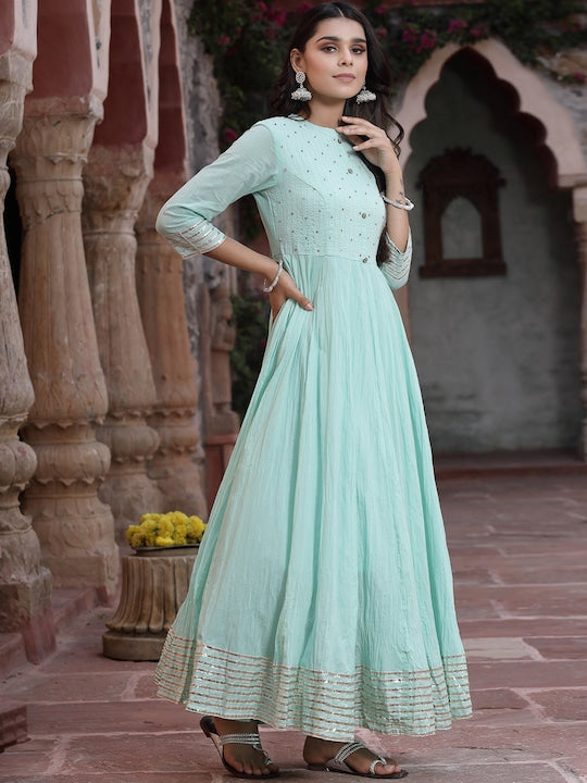 Juniper Women Blue Solid Cotton Flared Kurta